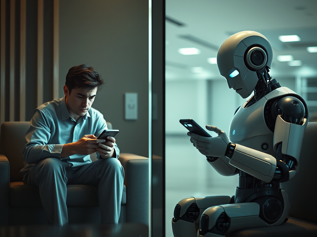 A young man and a humanoid robot sit across from each other in a modern indoor setting, both focused on their smartphones. The man, dressed in light casual attire, sits on a cushioned chair, engrossed in his phone. The robot, with a sleek white and black design and glowing blue eyes, mirrors his posture and holds a phone. The setting appears quiet and minimalistic, with soft lighting creating a calm atmosphere. The scene suggests a shared moment of technology use between human and machines, highlighting their interaction through similar behavior.