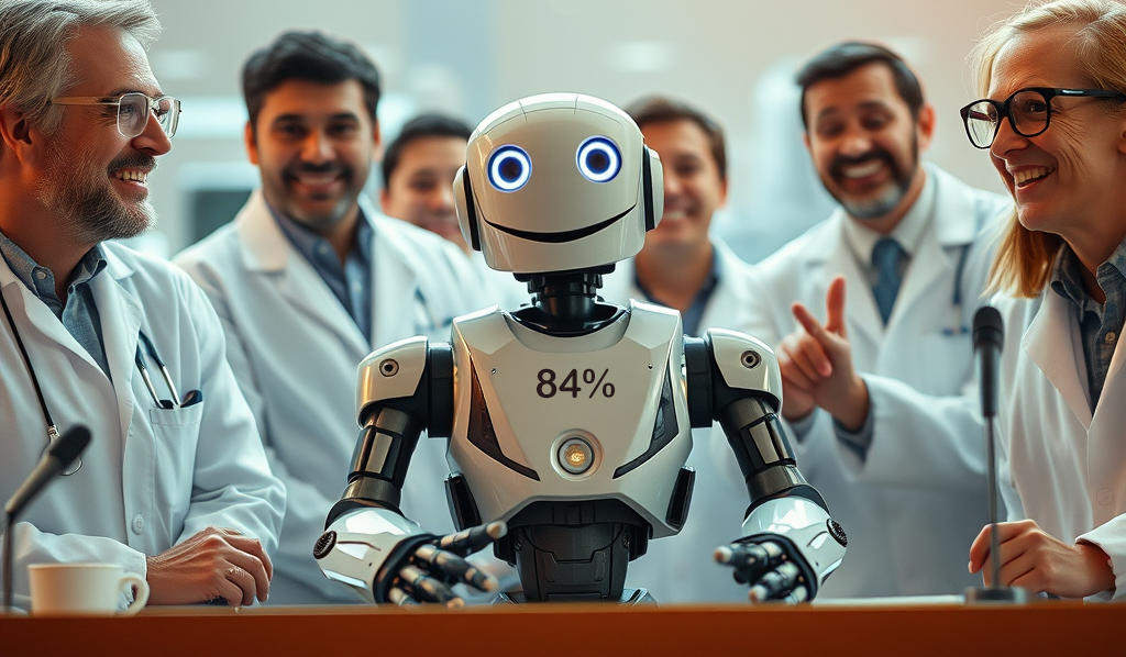 A group of smiling scientists, all wearing white lab coats, gather around a small humanoid robot in a laboratory setting. With glowing blue eyes and "84%" on its chest, the robot stands at the center of attention. The scientists, appearing excited and engaged, are interacting with the robot, with one of them pointing at it while others look on with expressions of enthusiasm. Microphones are positioned before the robot, suggesting a presentation or demonstration. The background is softly blurred, emphasizing the lively interaction between the scientists and the robot.