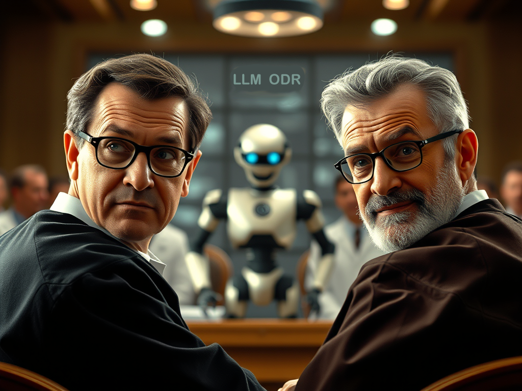 Two older men in judicial robes, both wearing glasses, sit in a courtroom setting, looking back over their shoulders toward the camera with thoughtful expressions. Behind them, a humanoid robot with glowing blue eyes stands in the background, surrounded by people dressed in white lab coats. The letters "LLM ODR" are visible above the robot, possibly indicating a legal or technological theme related to the scene. The overall atmosphere suggests a courtroom or formal setting where advanced technology, represented by the robot, is being discussed or evaluated.