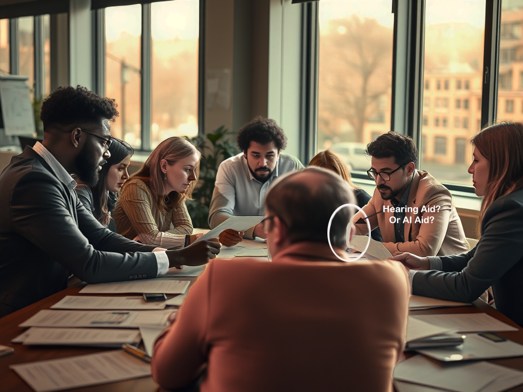 A diverse group is seated around a large table in a well-lit office space, engaged in a meeting. Papers, documents, and a few electronic devices are spread out on the table as they collaborate, with some members focused on reading while others discuss. One man, positioned at the head of the table, has a hearing aid or a similar device behind his ear, highlighted by text reading "Hearing Aid? Or AI Aid?" Large windows in the background provide natural light, offering a view of buildings outside. The scene suggests a professional setting focusing on teamwork and communication, possibly hinting at the integration of assistive technology.