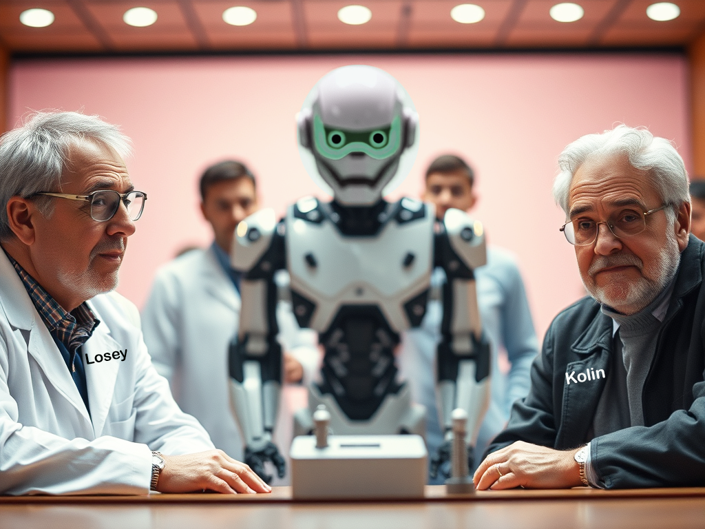 Two older men, identified by name tags as "Losey" and "Kolin," sit at a table facing each other. Both are wearing glasses, with Losey in a white lab coat and Kolin in a black jacket. Between them, a humanoid robot with a white and black design and a green visor stands, flanked by individuals in the background, also dressed in lab coats. The scene is brightly lit, and the background is a soft pink, suggesting a formal or experimental environment where the robot is the focal point of the discussion or project.