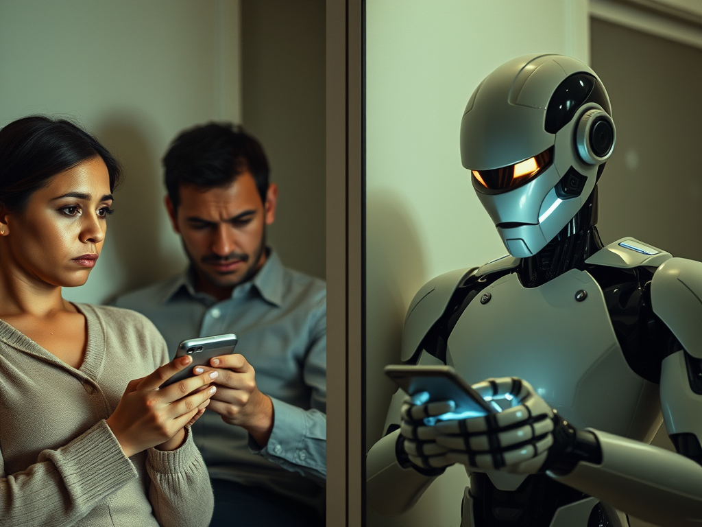 A woman and a man stand closely together on the left side of the image, both focused intently on their smartphones. With a serious expression, the woman holds her phone in both hands while the man behind her also looks at his phone with a furrowed brow. On the right side, a humanoid robot with a sleek, futuristic design and glowing orange visor stands beside them, holding a smartphone. The soft and somewhat dim lighting creates a tense or reflective atmosphere. The scene suggests a shared moment of focused attention on technology between humans and robots.