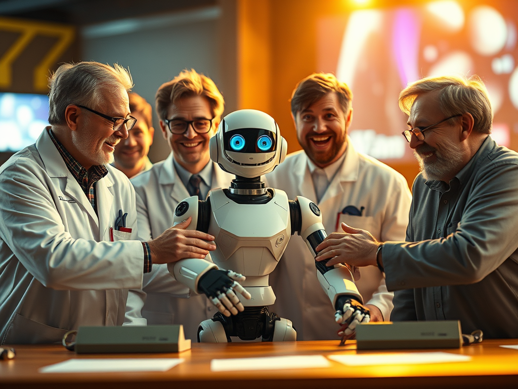 A group of five cheerful scientists, all wearing white lab coats, gather around a small humanoid robot in a brightly lit lab. The robot, with a white and black design and glowing blue eyes, stands on a table, while the scientists interact with it enthusiastically, some placing their hands on its arms and shoulders. They appear excited and proud, as if celebrating a successful achievement or breakthrough. The background features warm, glowing lights and lab equipment, creating an atmosphere of innovation and accomplishment in a scientific or technological setting.