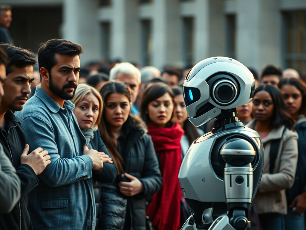 A humanoid robot stands face-to-face with a crowd of people outdoors, creating a tense or significant atmosphere. The robot, with a sleek white and black design and glowing blue eyes, faces a group of individuals dressed in casual attire, many of whom have serious or concerned expressions. The crowd, including men and women of various ages, watches the robot closely, with arms crossed or hands in pockets. The background shows a blurred building, giving the impression of a public gathering or confrontation. The scene suggests a moment of intense interaction between humans and the robot.
