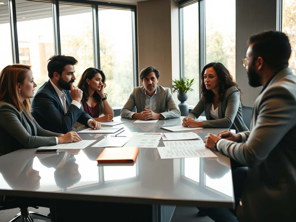 A group of five people sit around a conference table in a modern office with large windows, engaged in a meeting. The individuals, dressed in business attire, appear focused and involved in a discussion. Papers with charts and documents are spread across the table, and a bright orange notebook is prominently placed in the center. The natural light from the windows illuminates the room, with greenery visible outside. The overall atmosphere suggests a professional, collaborative business meeting.