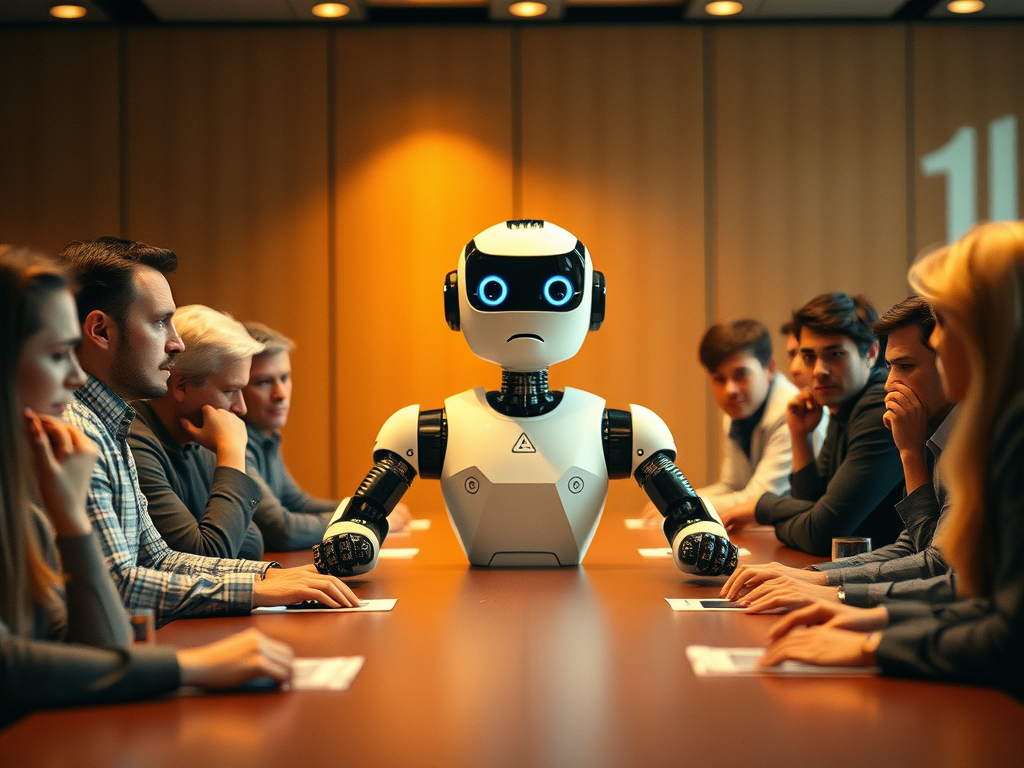 A humanoid robot sits at the end of a long conference table, surrounded by a group of people on both sides, all focused on the robot. The robot has a white and black design, glowing blue eyes, and a concerned facial expression. The individuals, dressed in business attire, appear serious and attentive, with some looking thoughtful or reflective. Papers and documents are placed in front of them, and the warm lighting in the room creates a formal atmosphere. The scene suggests a significant discussion involving the robot at the forefront of the meeting.