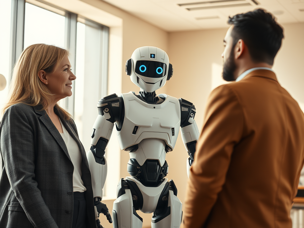 A humanoid robot stands between a woman and a man in a modern office setting. The robot has a white and black design with glowing blue eyes. The woman on the left, wearing a gray blazer and light top, smiles as she looks at the robot. The man on the right, wearing a brown suit jacket, faces the robot. The scene suggests a professional interaction or meeting involving the robot. Large windows in the background allow natural light to fill the room.