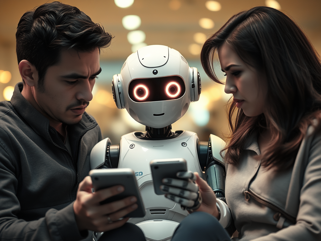A humanoid robot sits between a man and a woman, all three focused on their smartphones. The robot has a white and black design with glowing red eyes. The man on the left, dressed in a dark jacket, appears concentrated on his device, while the woman on the right, wearing a light coat, also looks at her phone seriously. The background features warm, blurred lighting, suggesting a public or social setting. The scene conveys a moment of shared attention on technology between the humans and the robot.
