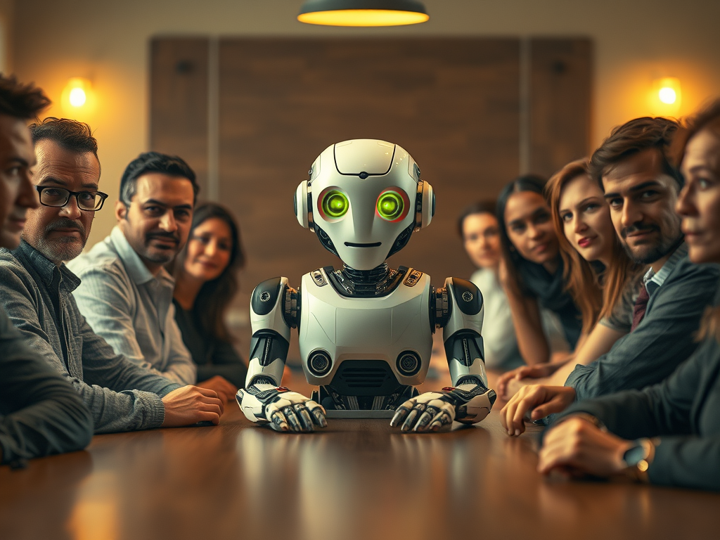 A humanoid robot sits at the center of a long conference table, surrounded by a group of people on both sides, all facing toward the robot. The robot has a white and black design with glowing green eyes, appearing engaged in the meeting. The individuals, dressed in business casual attire, look attentively at the robot, with expressions ranging from curiosity to interest. The setting appears to be a professional or corporate meeting room, with warm lighting and blurred walls in the background. The scene suggests a discussion involving the robot's presence and role.