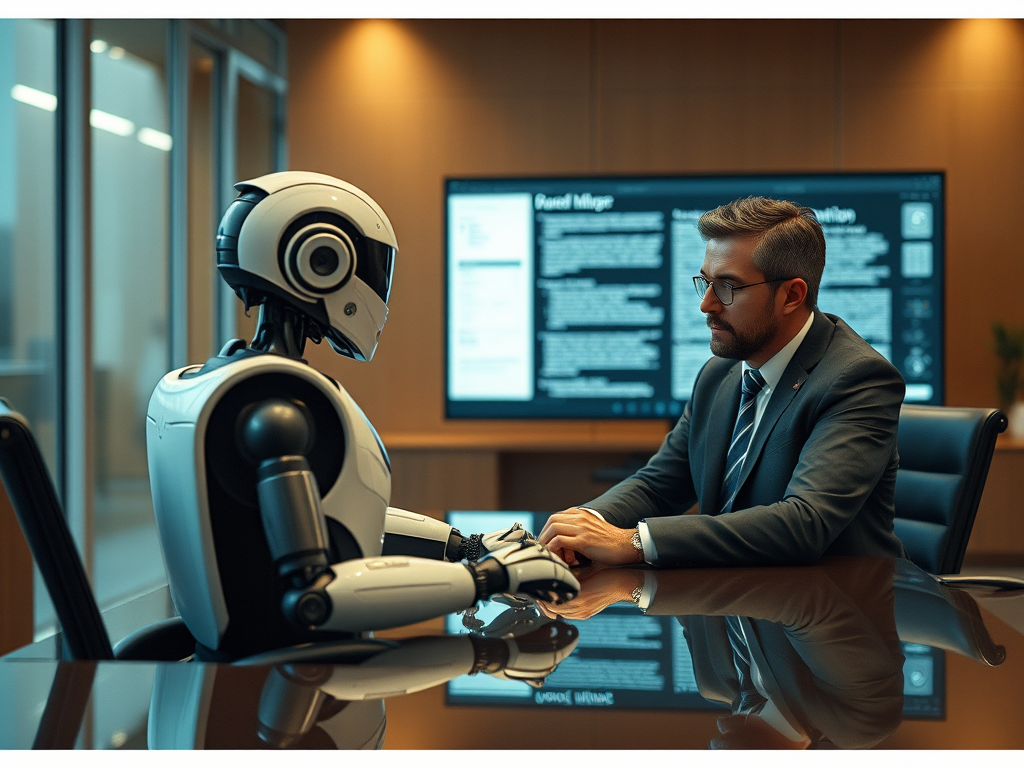 A man in a suit sits across from a humanoid robot in a modern office meeting room. The two are seated at a reflective table, formally facing each other. The man, wearing glasses and a striped tie, has his hands clasped, attentively looking at the robot. The robot, with a sleek white and black design and a dark visor for a face, mirrors the man's posture with its hands placed on the table. In the background, a large digital screen displays text and information, suggesting a professional discussion or interview. The room is softly lit, creating a serious and focused atmosphere.