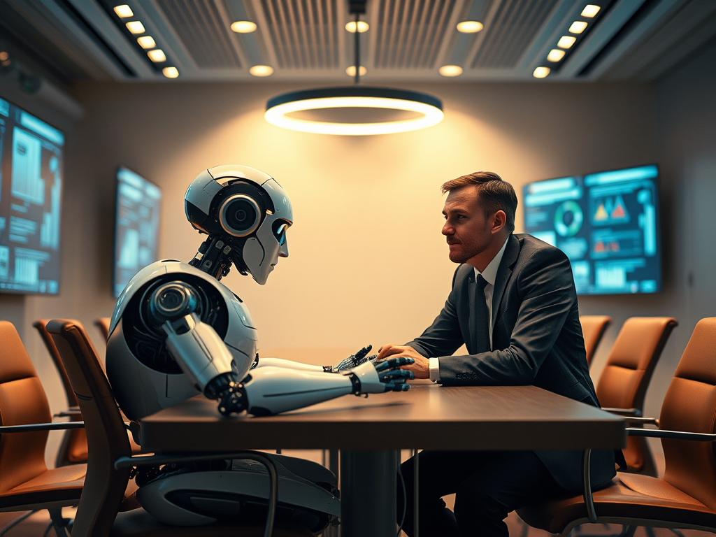 A man in a suit sits across from a humanoid robot at a table in a modern conference room. The robot, with a white and black design, is seated with its hands resting on the table, mirroring the man's posture. The man leans forward slightly, engaged in what appears to be a serious conversation or meeting. The room is illuminated by a circular ceiling light, and multiple digital screens in the background display charts and data, suggesting a high-tech environment. The setting implies a professional or futuristic discussion between humans and AI.