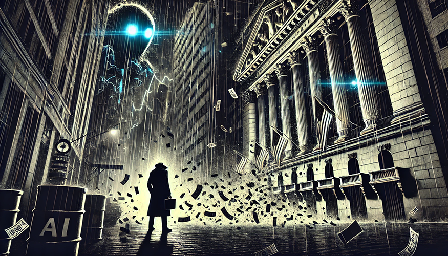 A shadowy figure stands in a rain-soaked cityscape, surrounded by flying money and an ominous, glowing presence above.