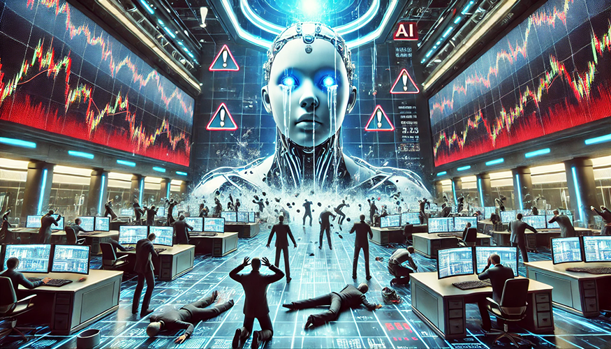 A futuristic control room with a large robotic figure, chaotic scenes of people reacting to alerts, and digital screens displaying data.