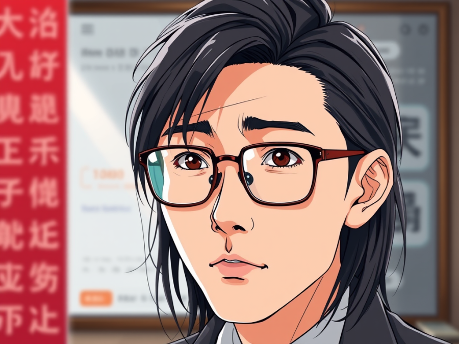 A close-up of a young man with glasses and dark hair, looking thoughtfully at the viewer, with text in the background.