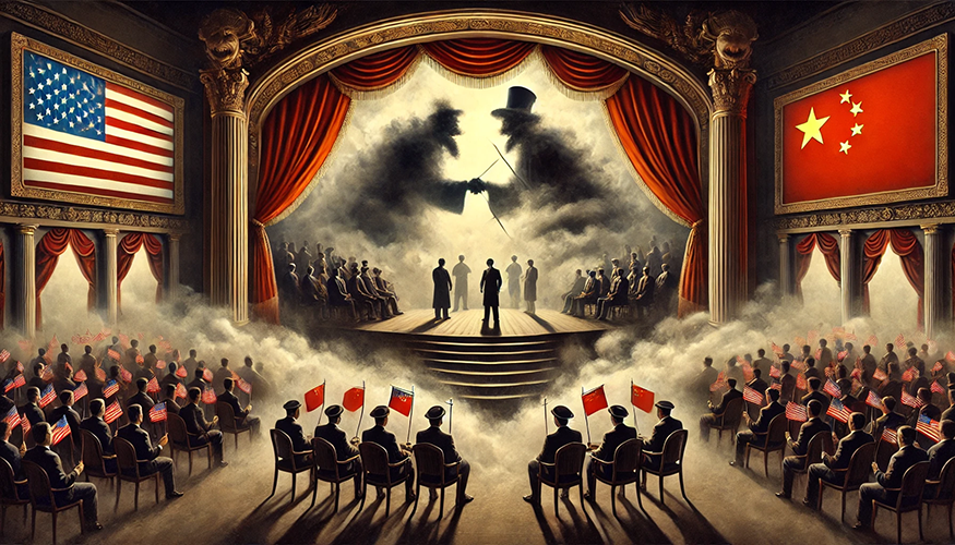A theatrical scene depicting a confrontation between the U.S. and China, with flags and an audience in a smoky atmosphere.