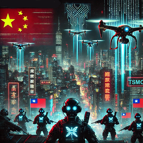 A futuristic cityscape with neon lights, drones, and soldiers in high-tech gear, featuring flags of China and Taiwan.