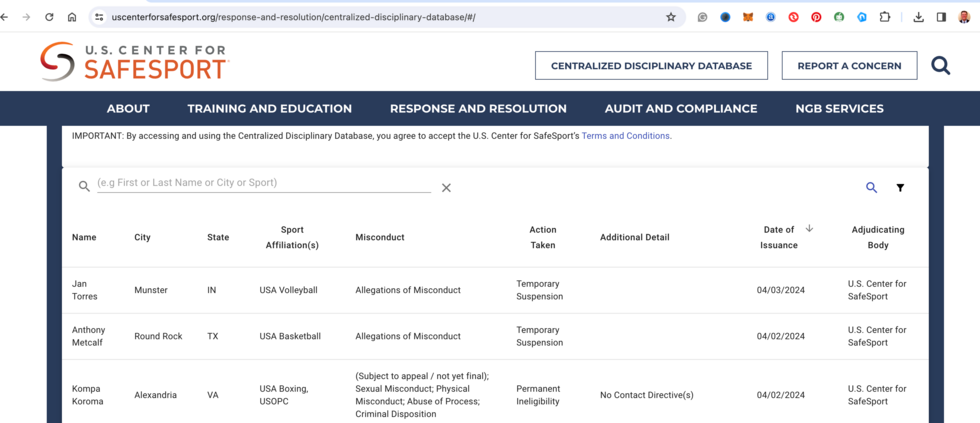 SafeSports public database