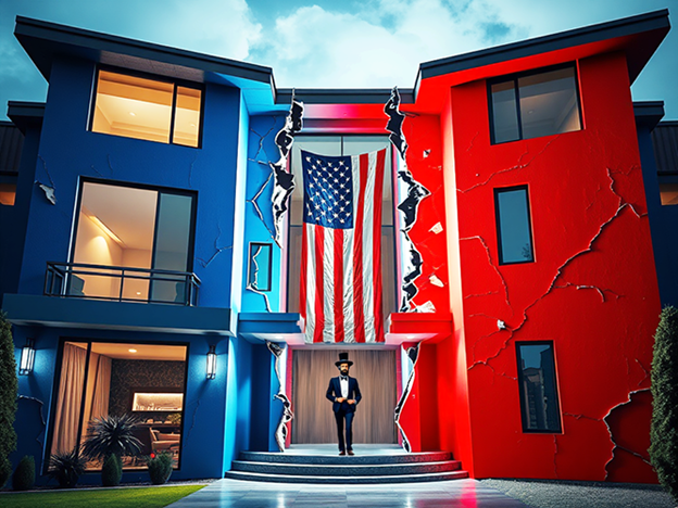A stylized building split into two distinct halves stands under a dramatic sky. The left side is painted blue, and the right is red, showing visible cracks and damage along the divide. A large, tattered American flag hangs vertically down the center of the building, emphasizing the separation. At the entrance, a figure dressed as Abraham Lincoln stands solemnly on the steps, facing forward. The building's interiors are visible through large windows, with modern furnishings inside. The image symbolizes division, likely referencing political or social themes within the United States.