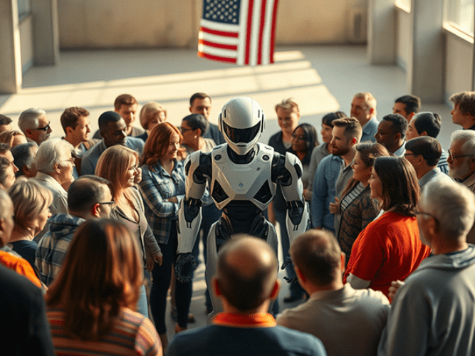 A striking scene depicting a humanoid robot standing at the center of a diverse group of people in a well-lit indoor space. The robot has a sleek, futuristic design with a white and black exterior and a visor-like face. The individuals, representing various ages, ethnicities, and styles, form a circle around the robot, observing it with a mix of curiosity, skepticism, and intrigue. In the background, an American flag hangs prominently, adding a patriotic context. The bright sunlight streaming in through large windows highlights the blend of humanity and advanced technology.