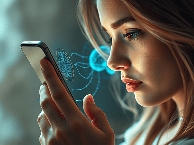 A digital artwork depicting a young woman closely examining a smartphone in her hands. Her face is illuminated by the phone's soft glow, and her expression is focused and thoughtful. A glowing holographic interface projects from the phone, displaying intricate digital patterns and network-like connections in blue and yellow. The woman's hair flows softly around her face, and the blurred background in neutral tones creates a calm, futuristic atmosphere. The image conveys a blend of technology and human curiosity.