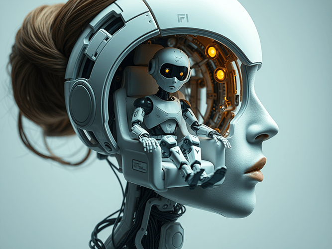A futuristic and surreal artwork showing a side profile of a humanoid robot with intricate cybernetic features. The outer shell of the head is open, revealing a smaller humanoid robot seated inside, operating the larger robot like a pilot. The smaller robot sits in a detailed cockpit with glowing orange lights and mechanical controls. The larger robot’s face has smooth, human-like features, including lifelike lips and a serene expression. The backdrop is a minimalist, soft blue-gray, emphasizing the mechanical and futuristic design elements. The image explores themes of artificial intelligence and human-machine integration.