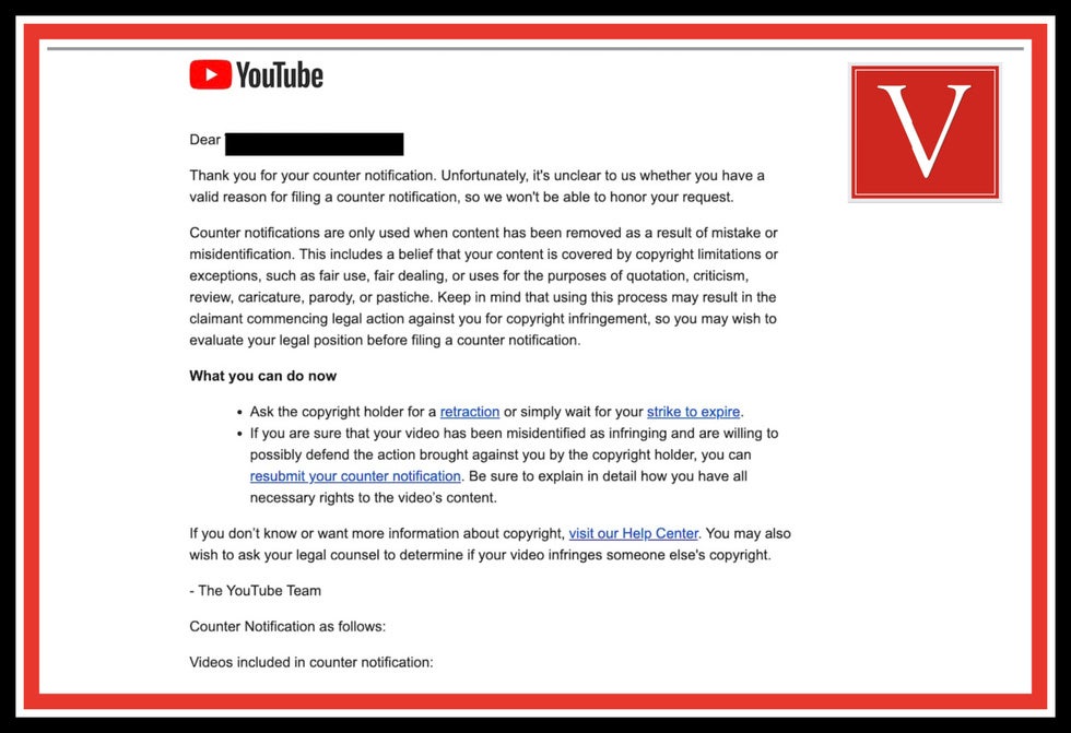 YouTube rejection of counternotification