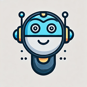 A cute, stylized illustration of a friendly robot's face and upper body. The robot has a round head with a blue and white color scheme, featuring large, circular eyes and a small smile. It has antennae on either side of its head and yellow accents resembling headphones or ear covers. The robot's neck and chest area are simplified into geometric shapes, with small dotted details around it. The design is playful and approachable, with bold outlines and soft shading, giving the robot a cheerful, cartoonish appearance.