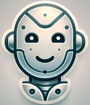 A simple, stylized illustration of a smiling robot's face. The design features rounded shapes with a metallic silver and gray color palette, giving the robot a friendly and approachable appearance. The robot has two circular eyes and a curved smile. Its head is adorned with minimalistic details, such as lines and shapes, suggesting a futuristic helmet or headgear. The overall aesthetic is clean and modern, with soft shading to give the image a three-dimensional look.