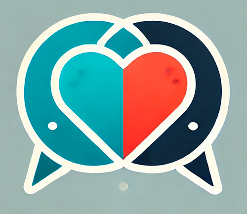 A stylized, abstract design featuring two speech bubble shapes intertwined, forming the outline of a heart in the center. The heart is divided into two halves, with the left side in teal and the right in red. The speech bubbles are colored teal and dark blue, each with a small dot inside, resembling eyes. The design suggests communication, connection, or dialogue, with the heart symbolizing empathy or emotional exchange. The overall style is minimalist, with clean lines and a soft, neutral background.