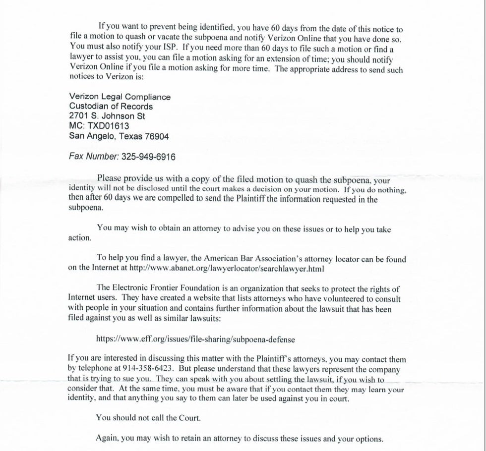 Verizona subpoena notice Strike 3 Holdings