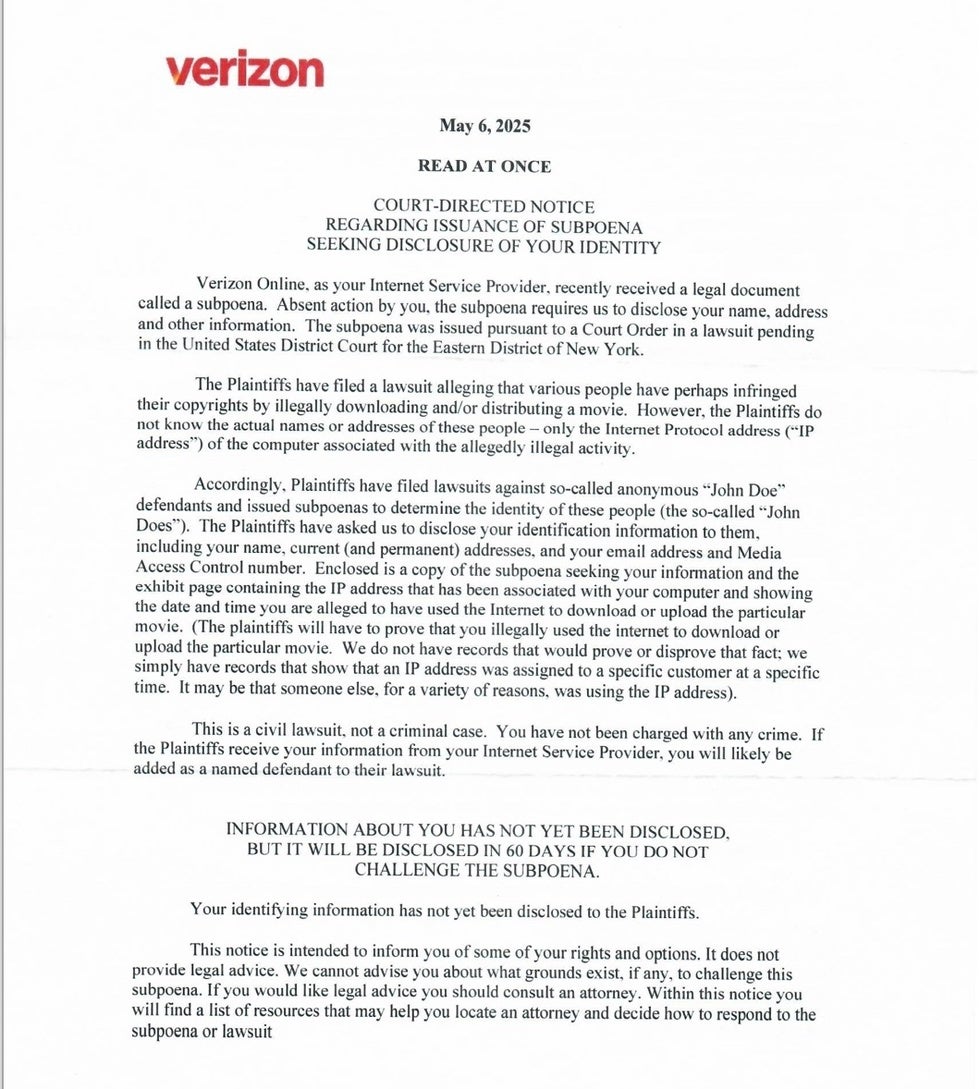 Verizon Strike 3 subpoena